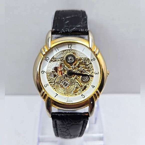 Mens Vintage John Weitz Faux Skeleton Watch Gold Tone Quartz New Battery - Picture 1 of 11